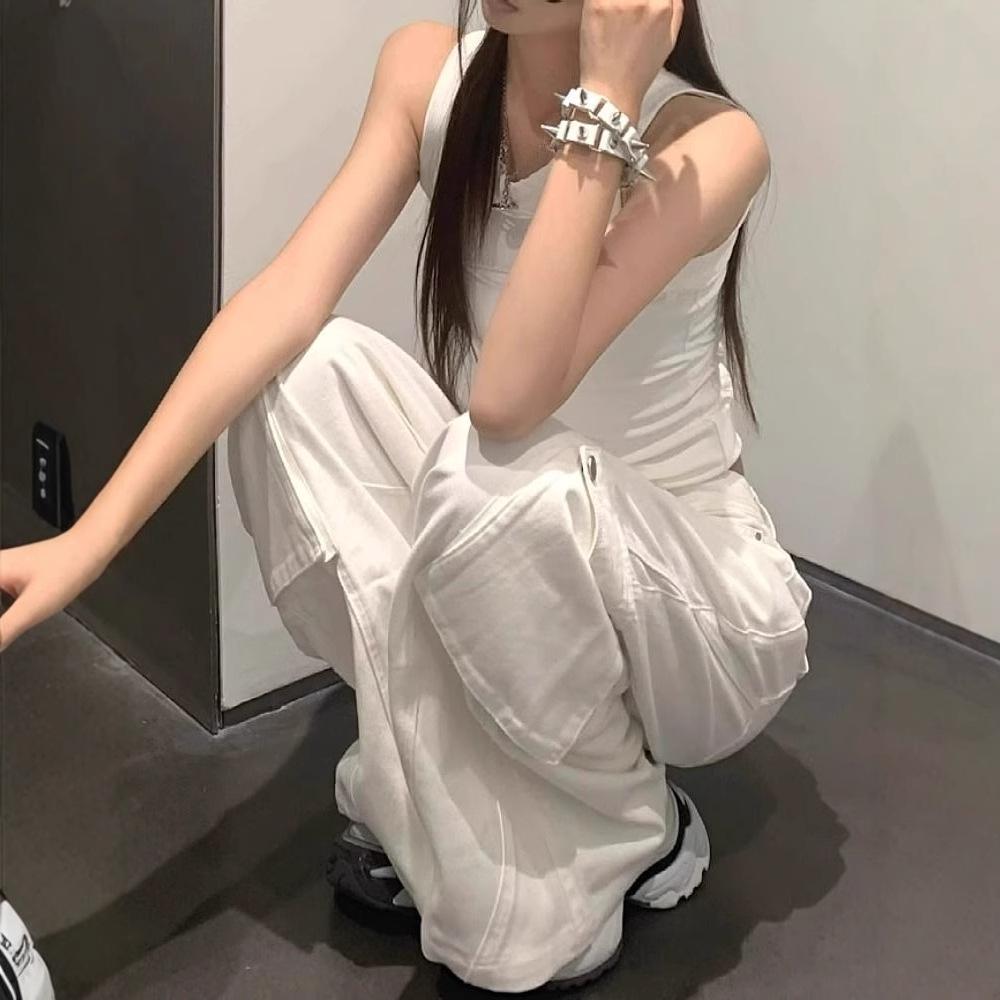 Women's High-Waisted Wide-Leg White Workwear Jeans - American Vibe, Spring/Fall Style, Floor-Length, Heavy-Duty Design.