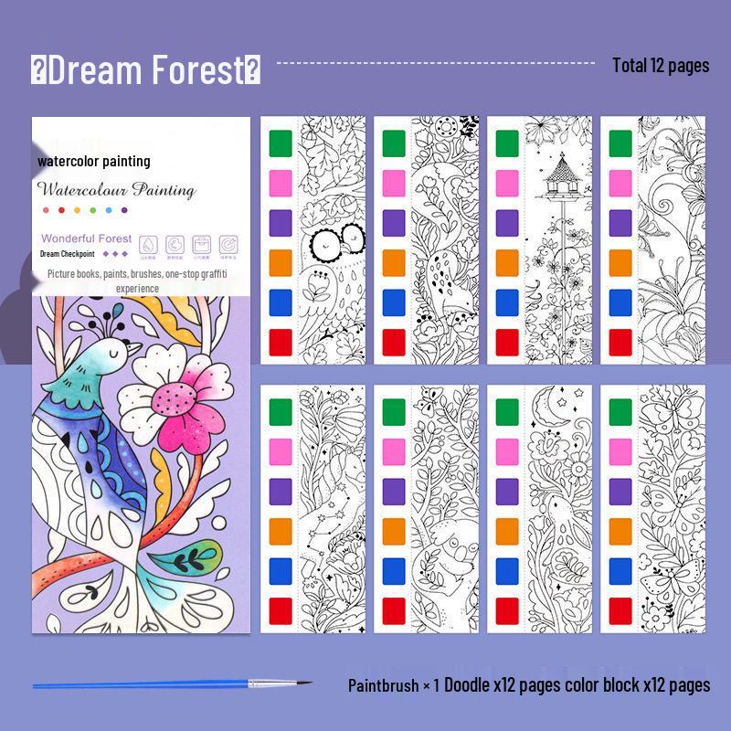 Portable Children's Watercolor Doodle and Coloring Book with Sticky Notes and Gouache