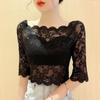 Women's Lace Base One-Shoulder Top: Stylish Spring-Autumn Blouse with Wave Edge and Exposed Collarbone Design