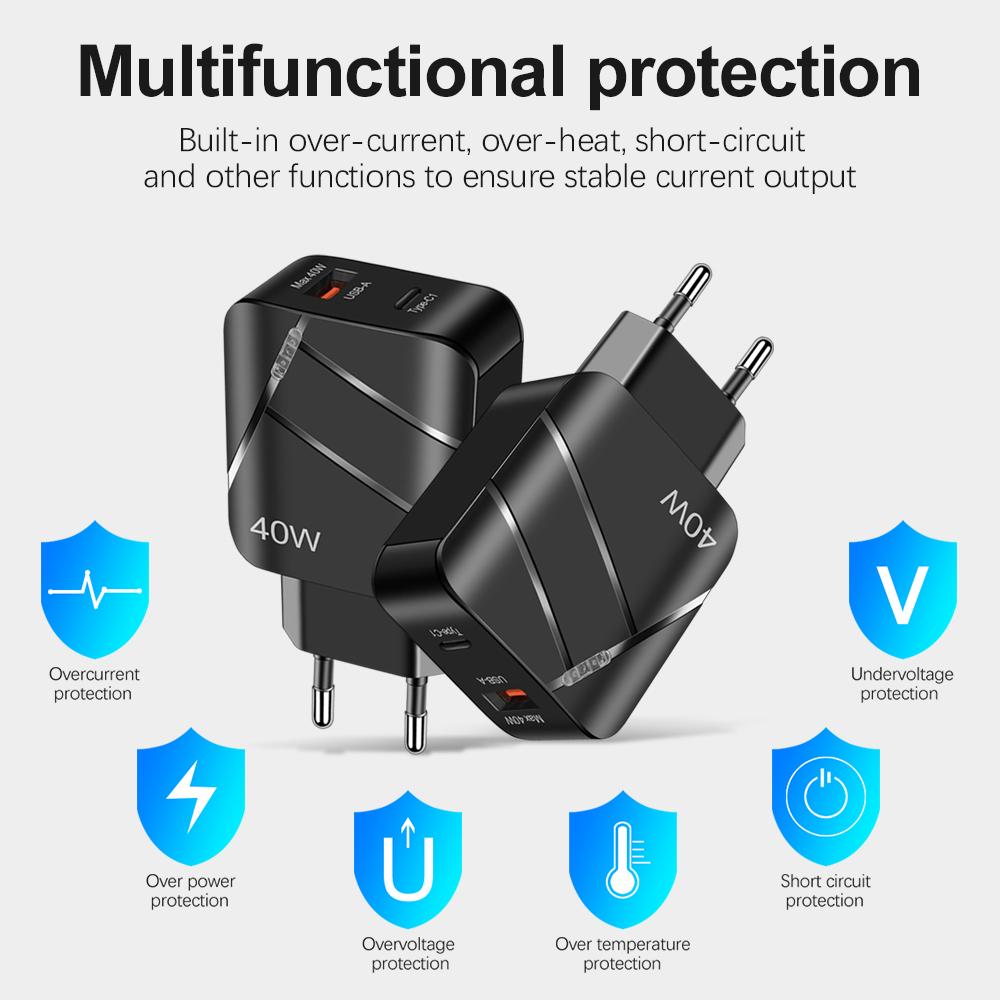 USB 40W Wall Charger Quick Charge QC 3.0 Type C Fast Charging Mobile Phone For iPhone 14 13 Samsung Xiaomi EU/US Plug Charger