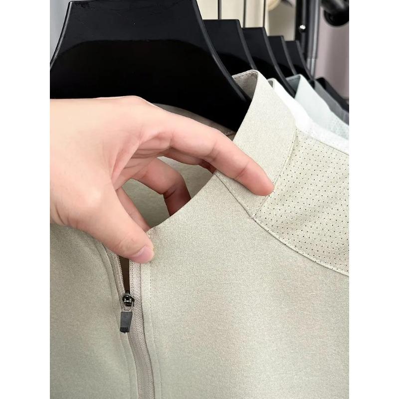 Men's Short Sleeve T Shirt Half Zipper Casual Mesh Beach Breathable Pullover Solid Color Lightwear Loose Comfortable Shirts