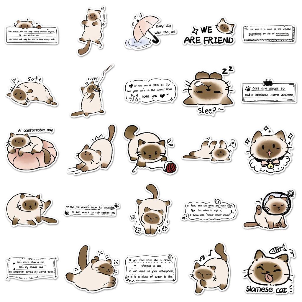 50Pcs Kawaii Siamese Cat Anime Stickers Cartoon Decals Guitar Laptop Skateboard Luggage Phone Waterproof Kid Gift Sticker