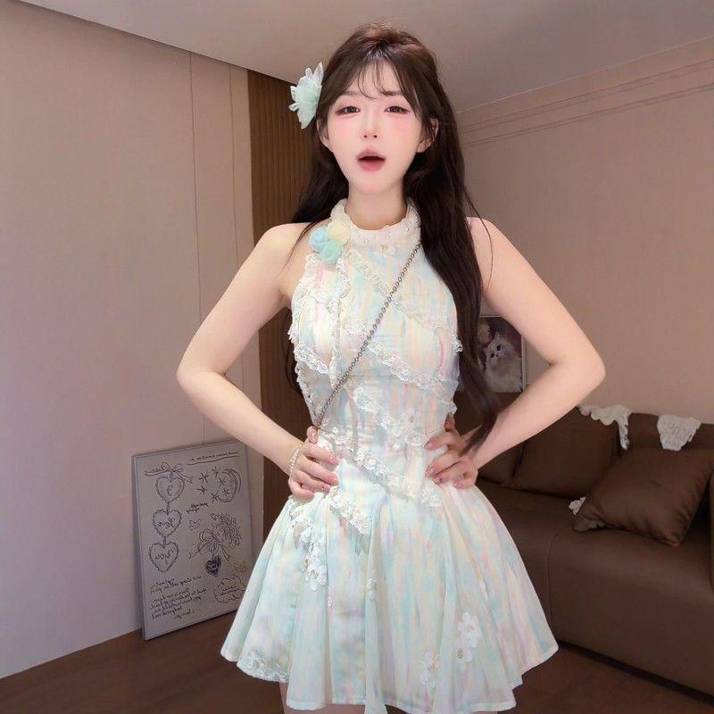 French Summer Lace Jasmine Green Sleeveless Slimming Waist Long Dress for Women