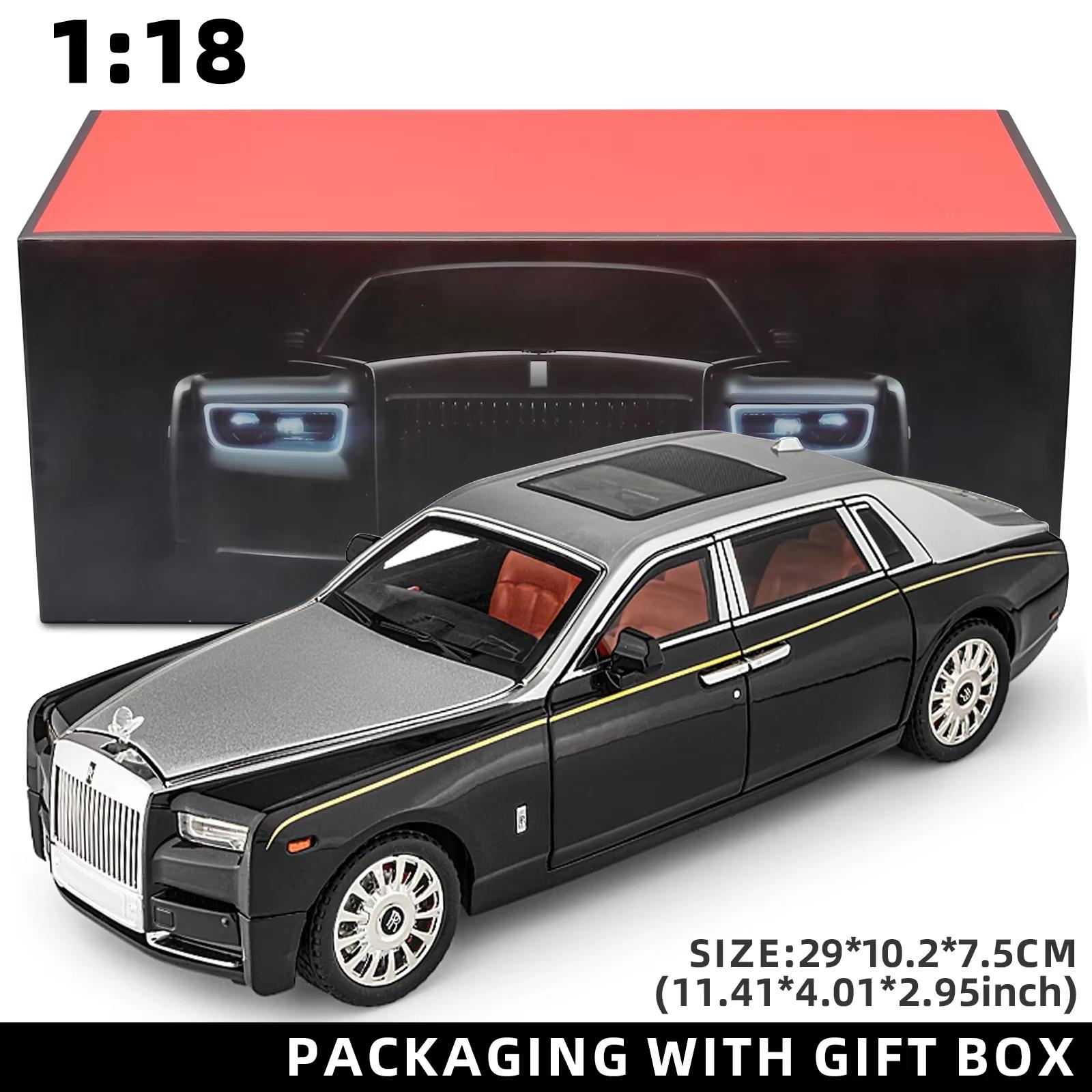 

1:18 Модель автомобиля Rolls-Royce Phantom со звездным небом и люком на крыше из цинкового сплава, игрушечная литая машинка со звуком и светом, реалистичные коллекционные украшения чёрный/серебряный