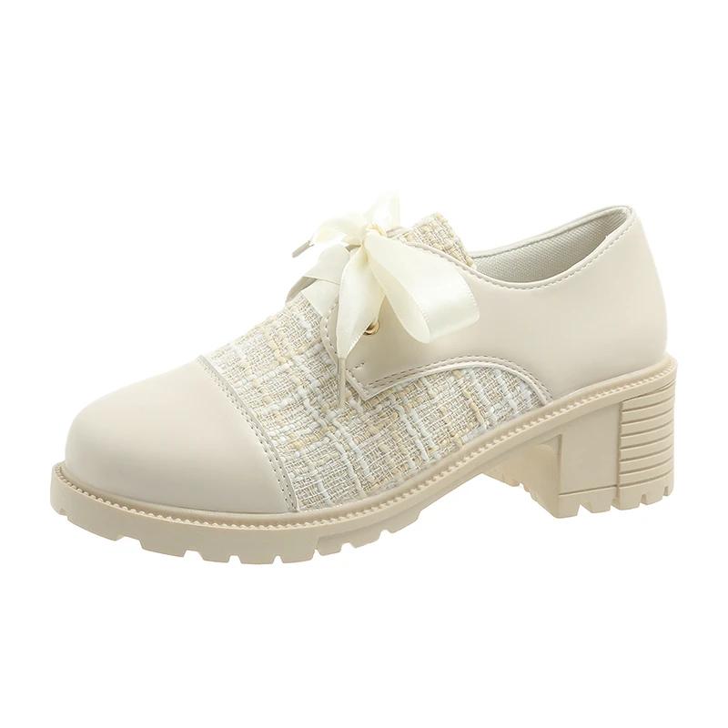 

Распродажа женской обуви 2024 года, модные женские туфли-лодочки на шнуровке, весна-осень, круглый носок, разноцветные платья, толстые каблуки, обувь больших размеров 35