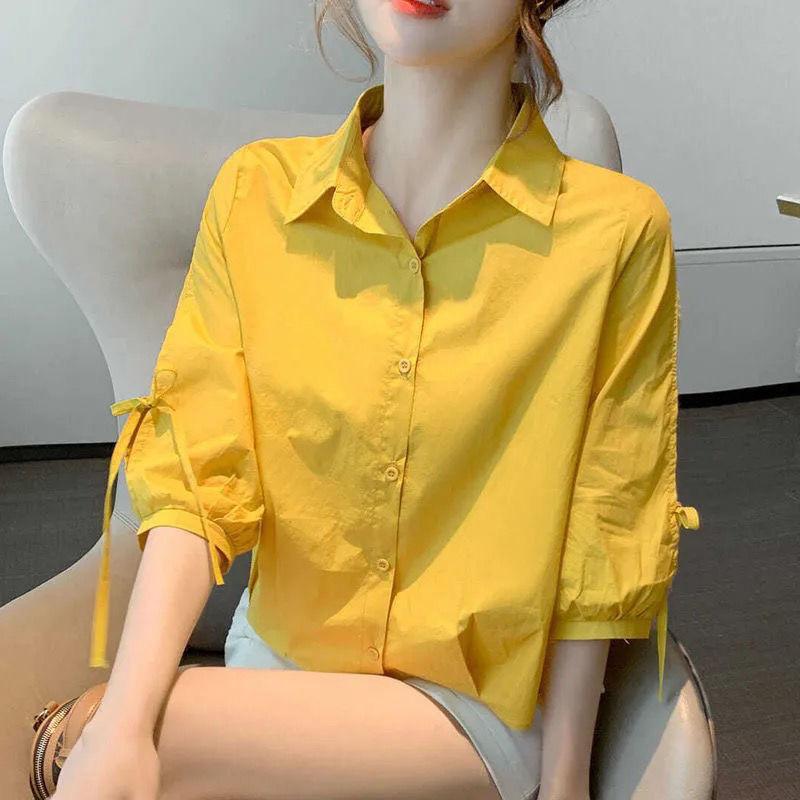 Cotton Solid Color Shirt for Women Summer Loose and Breathable Top Lantern Sleeve Shirt