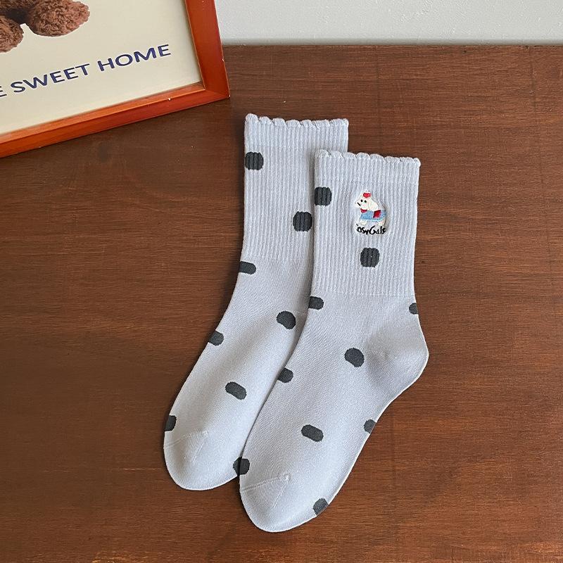 Female Spring and Autumn Lovely Polka Dot Lovely Embroidered Cartoon Dog In Tube Cotton Socks
