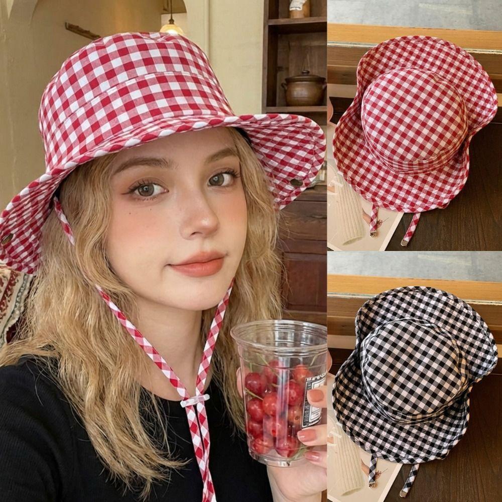 Fashion Vintage Bucket Hats Sweet Lace-up Plaids Versatile Fisherman's Hat Big Brim Sun Protection Sun Hat Summer