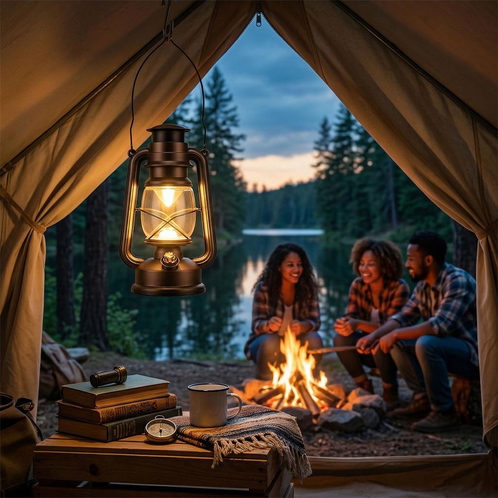 LED Vintage Camping Lantern Battery Powered Retro Camping Light Waterproof Hanging LED Tent Lamp for Outdoor Hiking Fishing