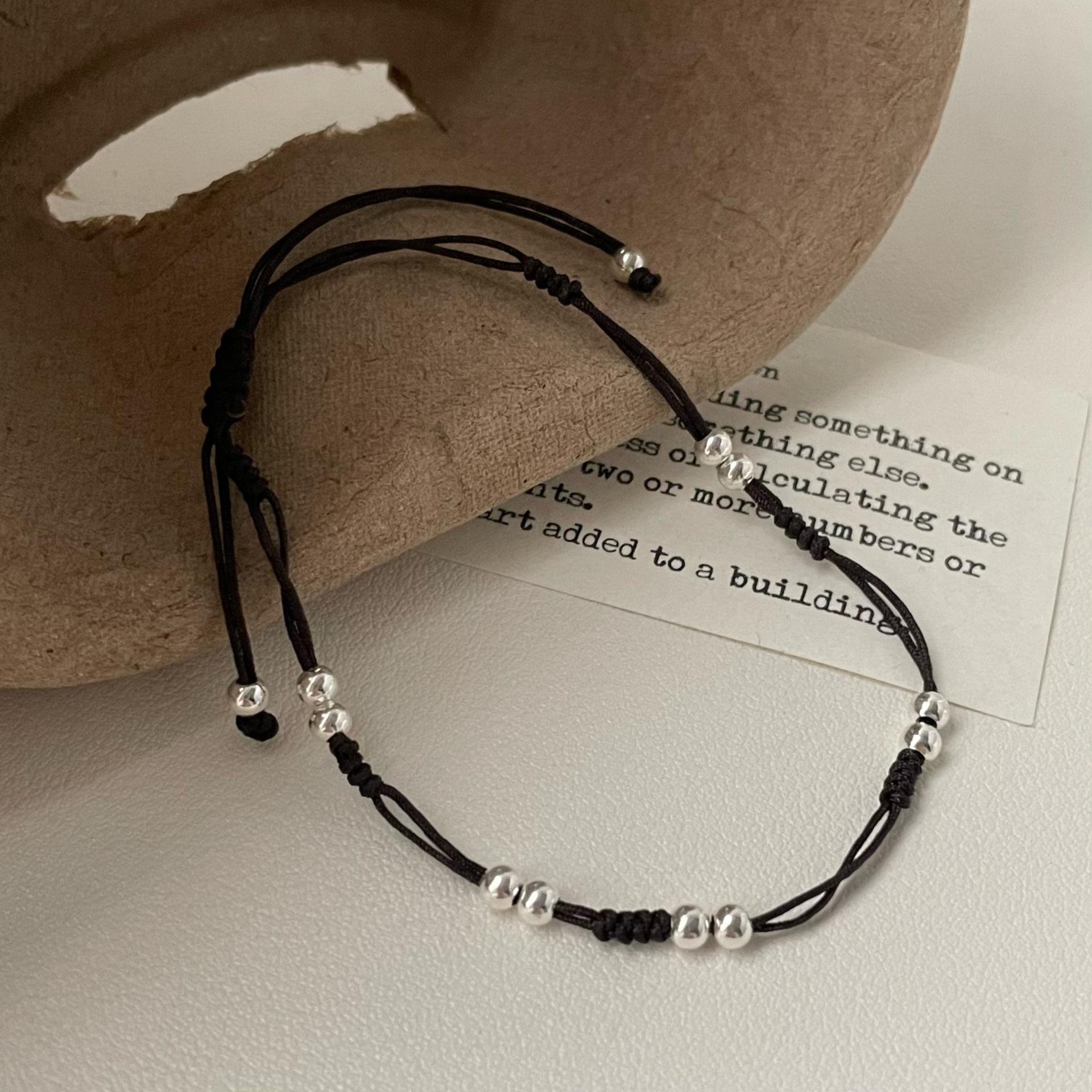 

S925 Sterling Silver Black Bead Woven Bracelet: Simple Chinese National Trend Handmade Design 925 Silver