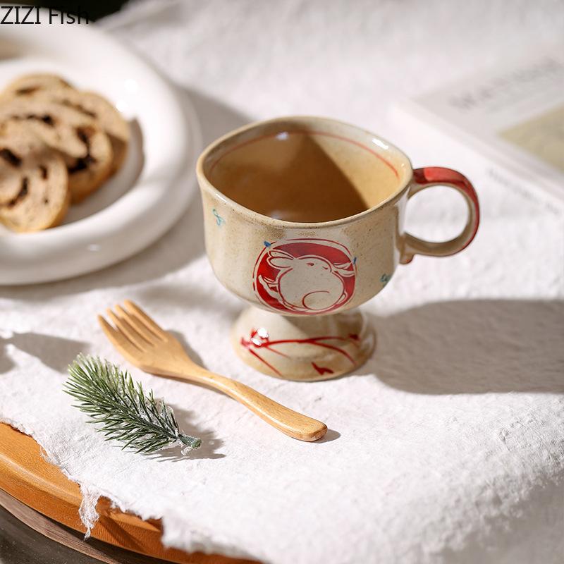 Japanese Vintage Coffee Cup Creative High Foot Water Cup Ceramic Mug Office Home Breakfast Milk Cup Drink Set Friend Gift