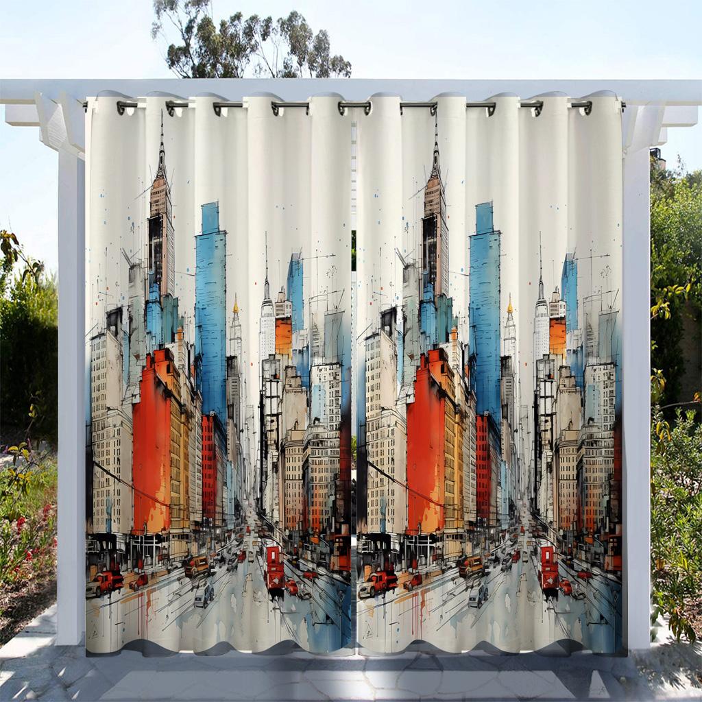 1pc Outdoor Waterproof Oil-proof Curtains,Modern Sunshade City Light Night View River Building Print Curtain For Living Room