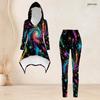 Women Plus Size Hooded Long Sleeve High Low Top Fitted Pants Green Beige Printed Two Piece Set