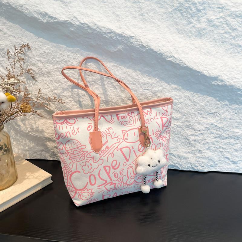 Street Fashion Graffiti Tote Bag For Women Pu And Fabric Blend Large Capacity Zip Closure Phone Pocket Daily Commute Essentials