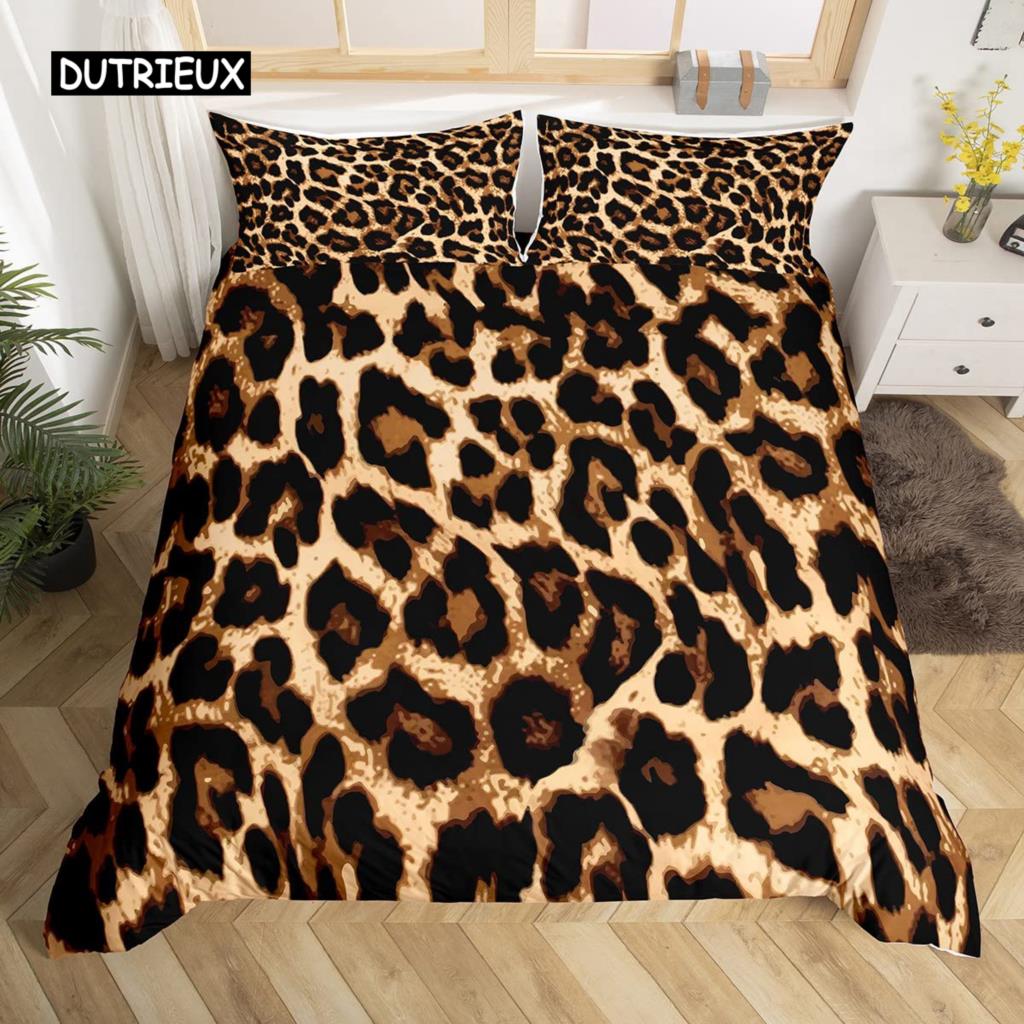 Leopard Print Duvet Cover Set Queen Size Red Floral Petal Pattern Comforter Cover Branches Green Leaf Cheetah Print Quilt Cover