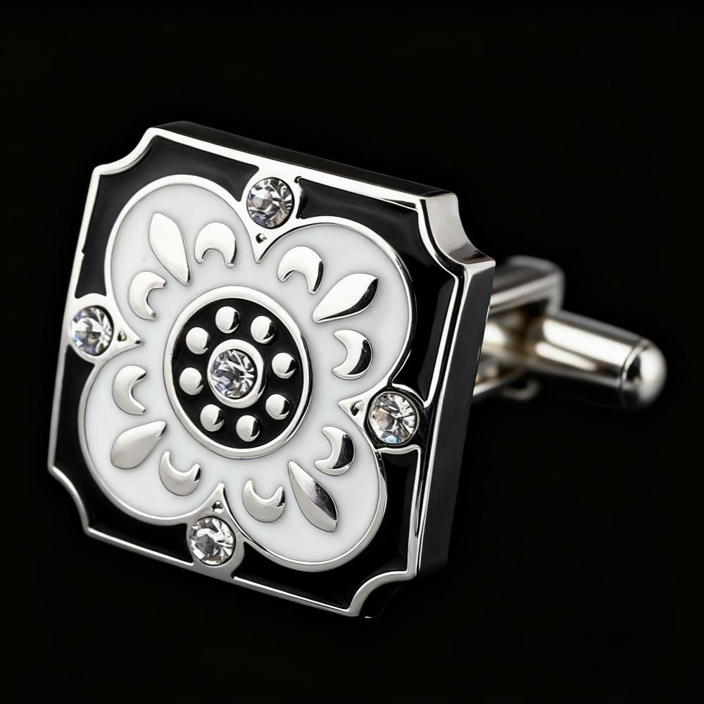 Men's Cufflink Set, Square Black and White Retro Carved Crystal Cufflinks, Paired with Gift Boxes.