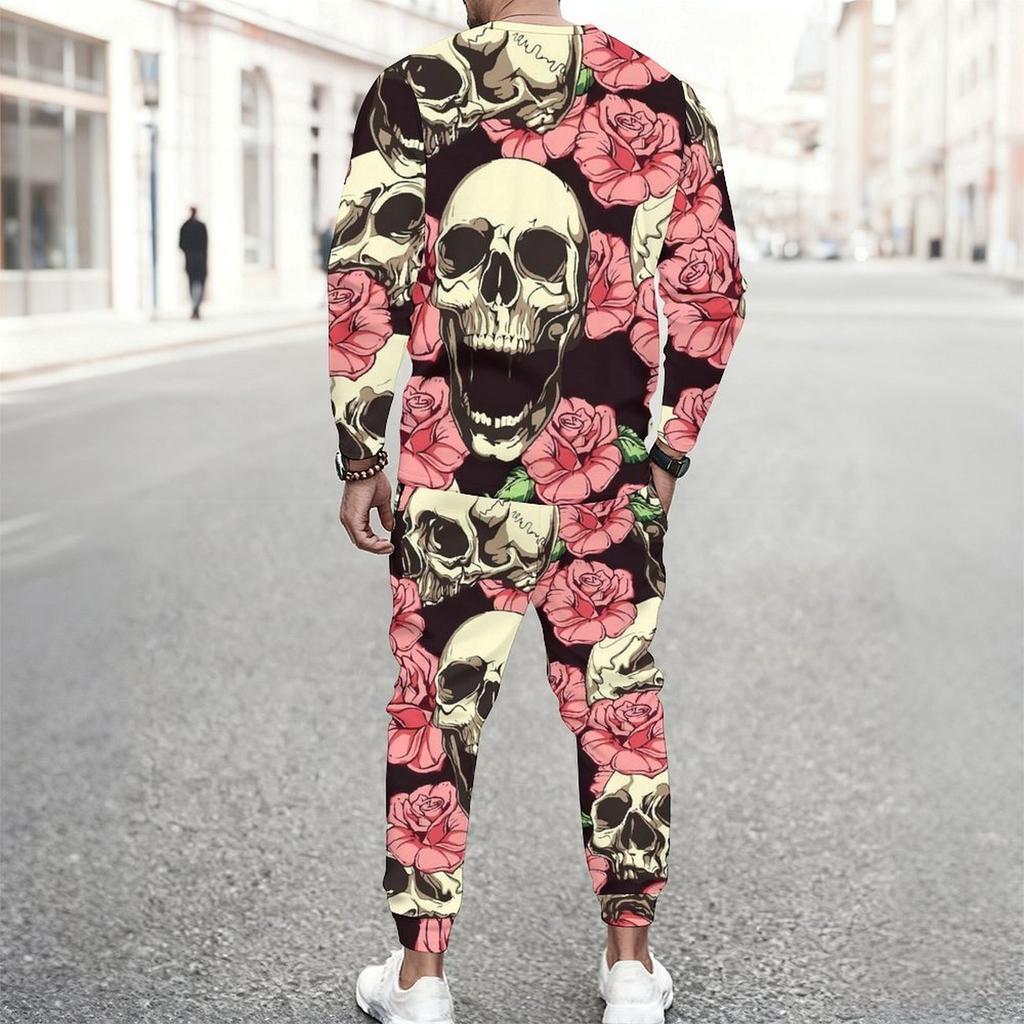 Men Black Base Pink Rose Skull Full Print Long Sleeve Sweatshirt And Drawstring Jogger Pants Two Piece Suit