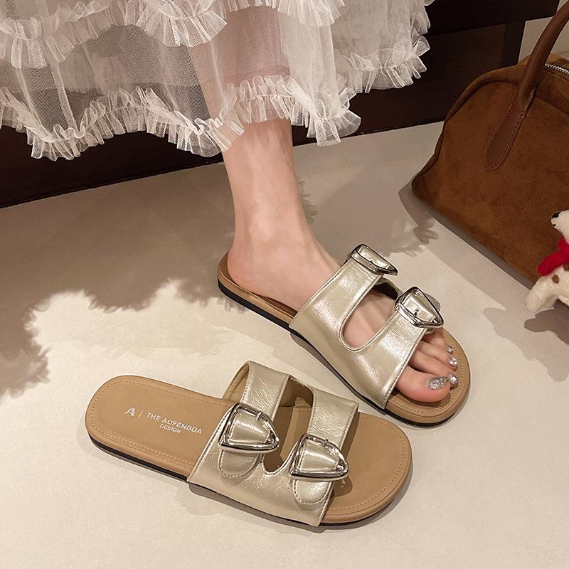 Fashion Belt Buckle Slippers Women's Fashion Round Head Open Toe Metal Buckle Soft Soled Non-slip Wear-resistant Flat Shoes