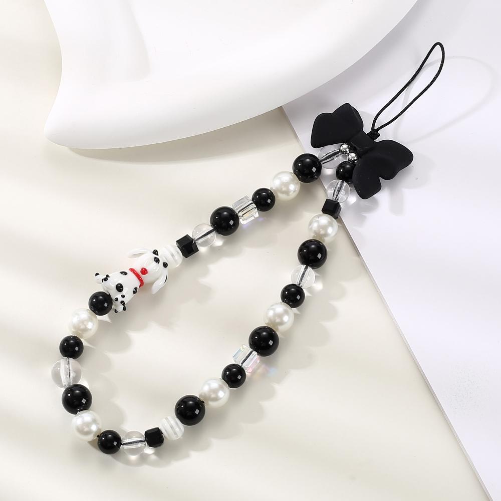 Black Beaded Mobile Phone Charm Ins Stringed Pearls Love Phone Lanyard Short Carrying Strap Drop-Resistant Phone Ornaments