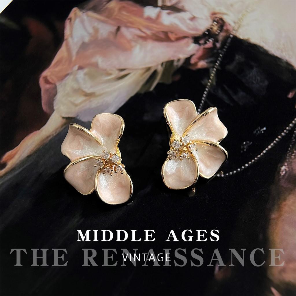 Cherry blossom enamel drop glaze slightly inlaid zircon flower stud earrings retro literary oil painting earrings