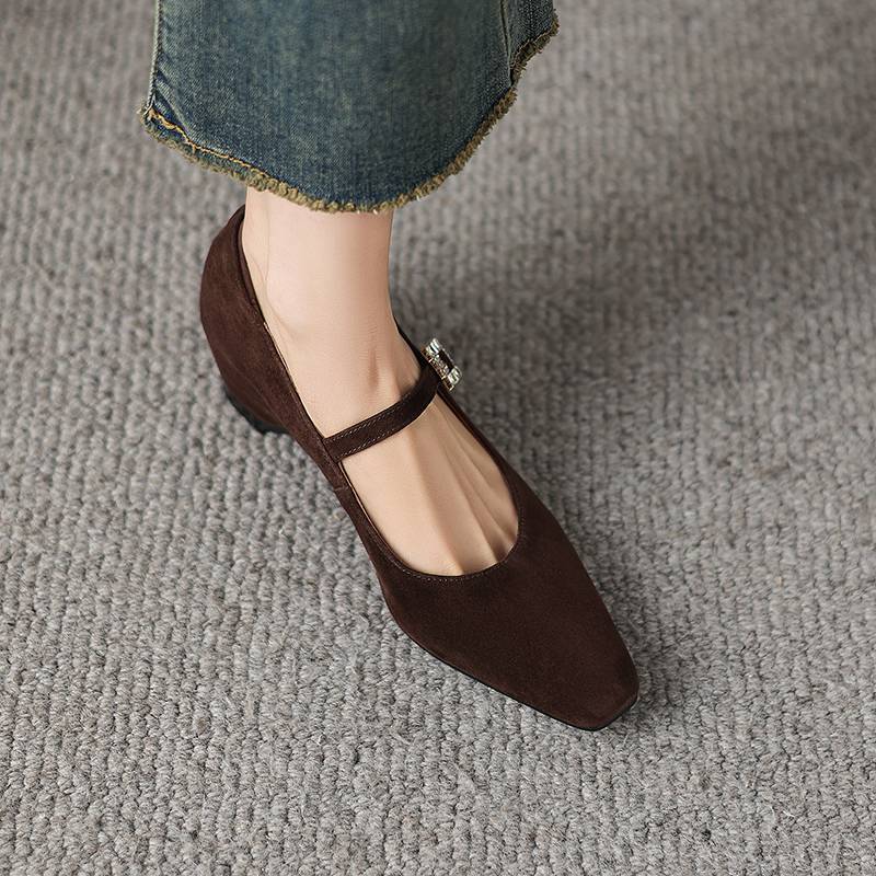 Krazing Pot Sheep Suede Square Toe Med Heels Summer Shoes Big Size 42 Crystal Buckle Women Shallow Pumps