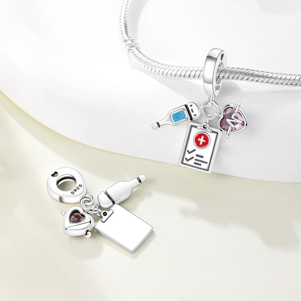 S925 Silver Charm Healthcare Heroes Medical Care Love Nurse Doctor Stethoscope Pendant for Bracelet DIY Jewelry Making