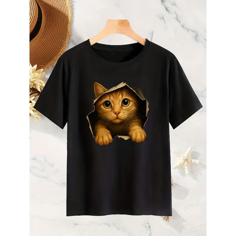 Women Cute Peeking Orange Cat Print T-Shirt Round Neck Short Sleeve Spring Summer Autumn Pet Lover Casual Stretchy Machine-Washable Top