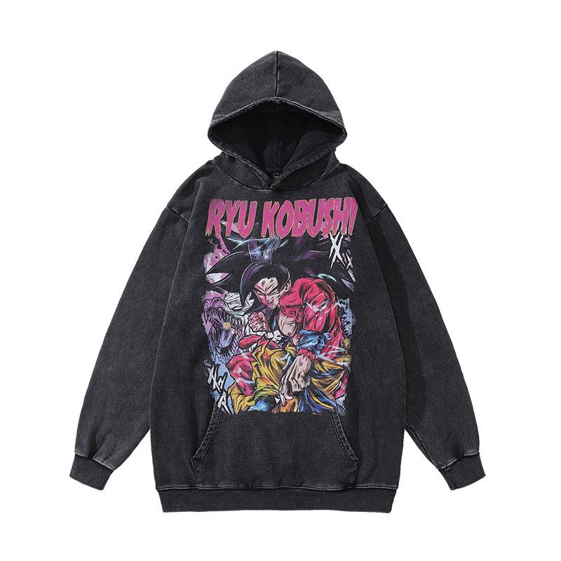 Sweat à capuche Rétro Tendance Marque Hip Hop Street Lavage à l'eau Aspect Vieilli Impression Dessin Animé Japonais Sweat à Capuche Hommes et Femmes Tendance