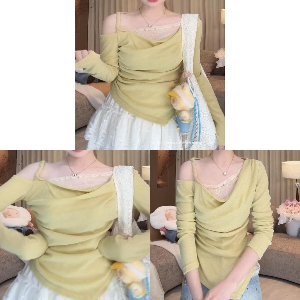 Spring Korean Style Womens Lace Spliced Top With Solid Color Design For Fashionable Outfits