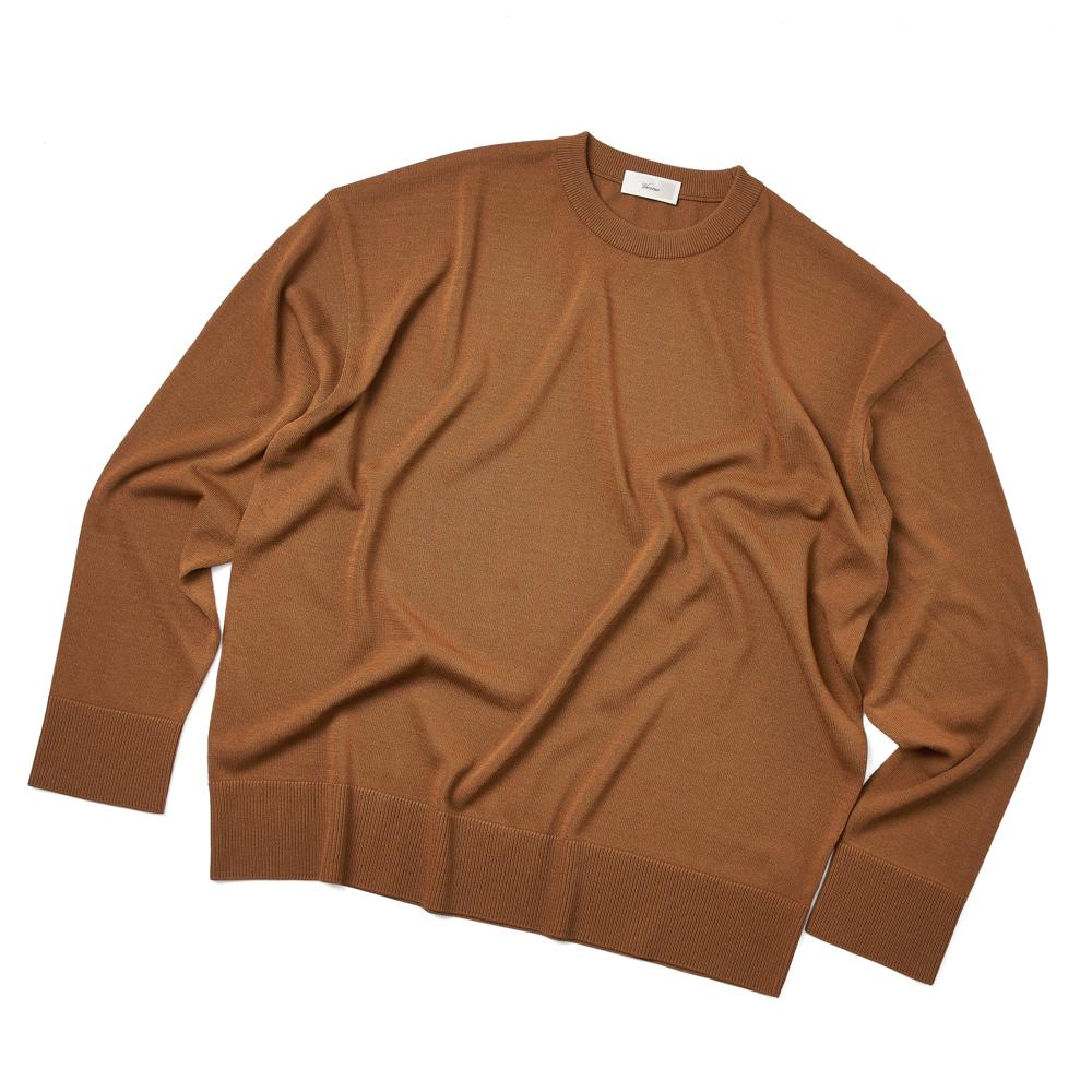 Berno [Casual]Linen Like Long Sleeve Round Knit Camel L