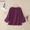 ZANZEA Women Casual Round Neck Loose Splice Long Sleeve Blouse