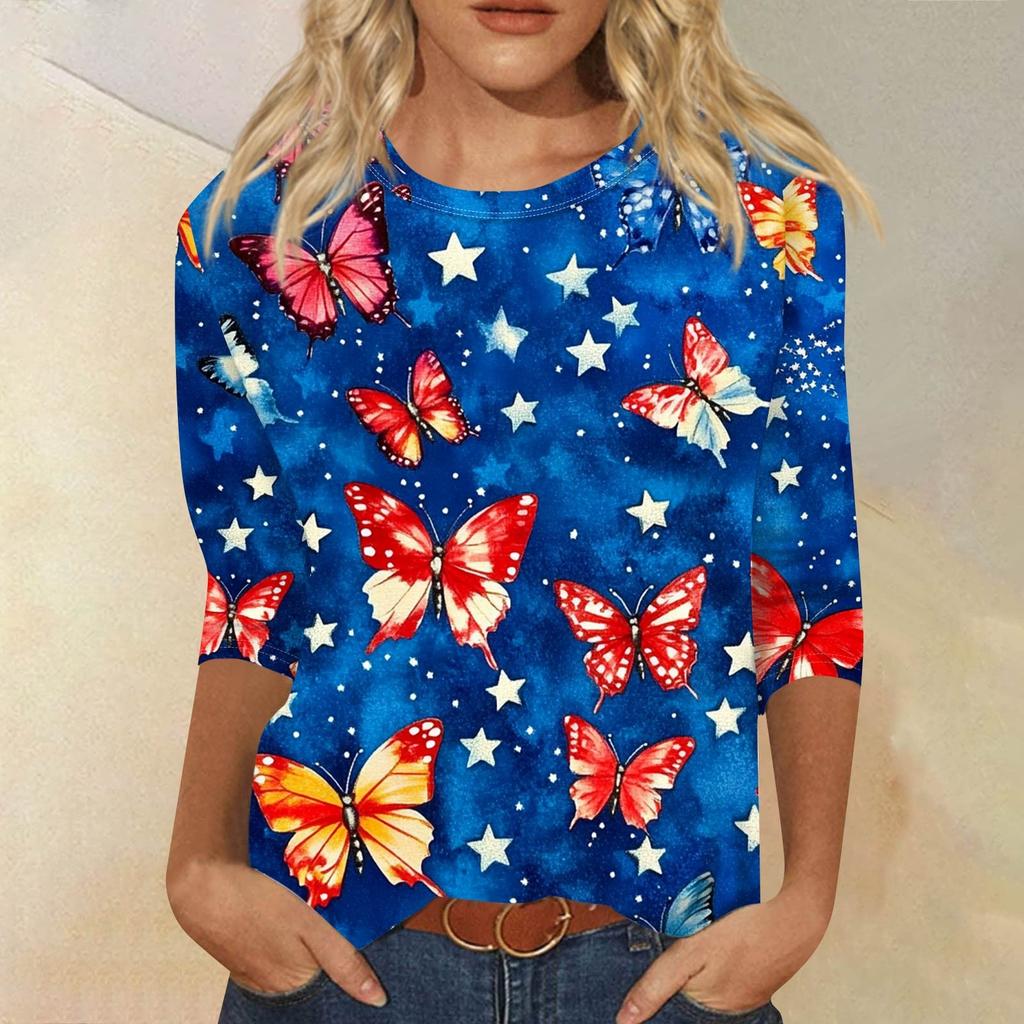 Dammode avslappnad rund hals 3/4 ärm lös tryckt T-shirt dam topp