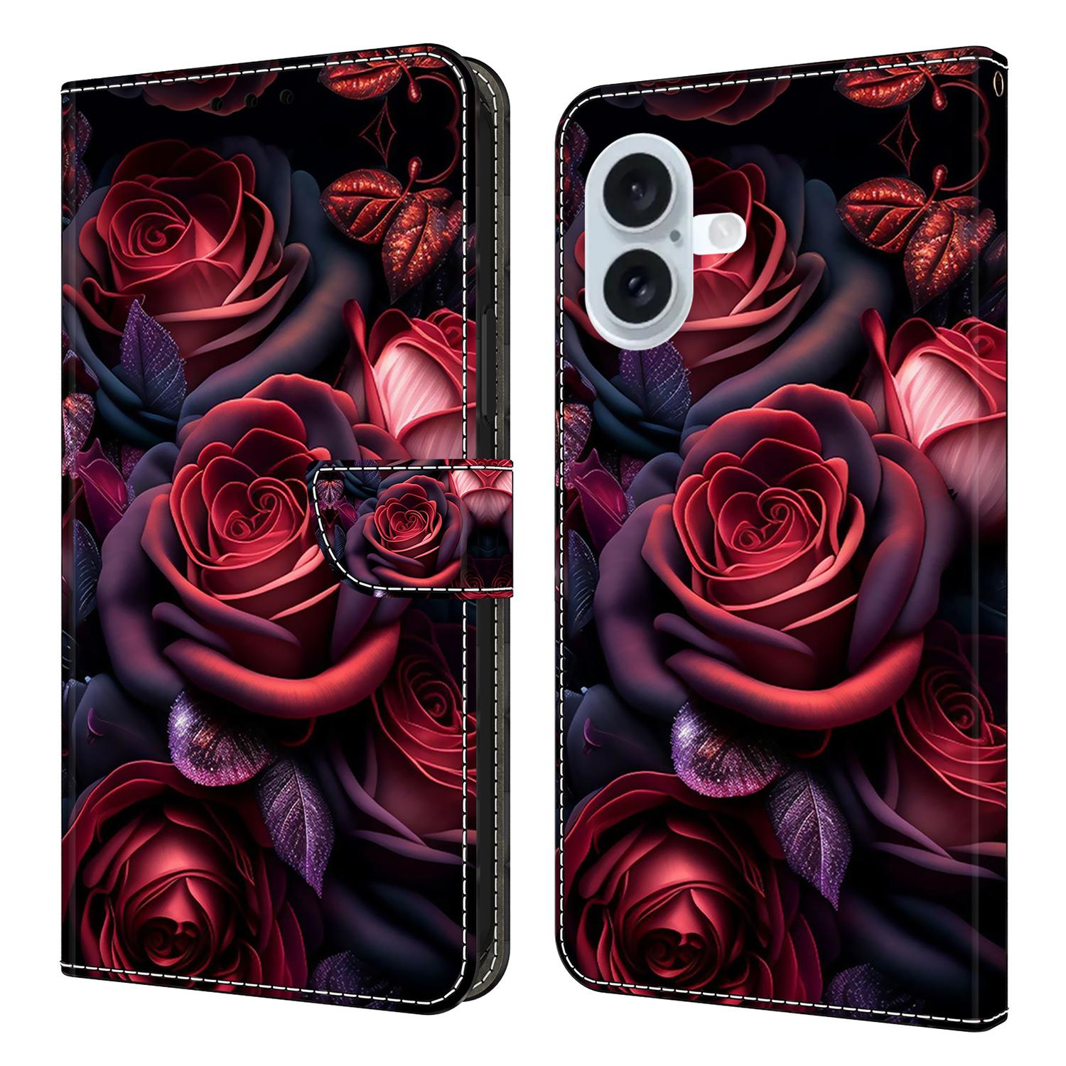

For iPhone 17 Wallet Case Pattern Printing Stand Leather Flip Phone Cover Black Rose