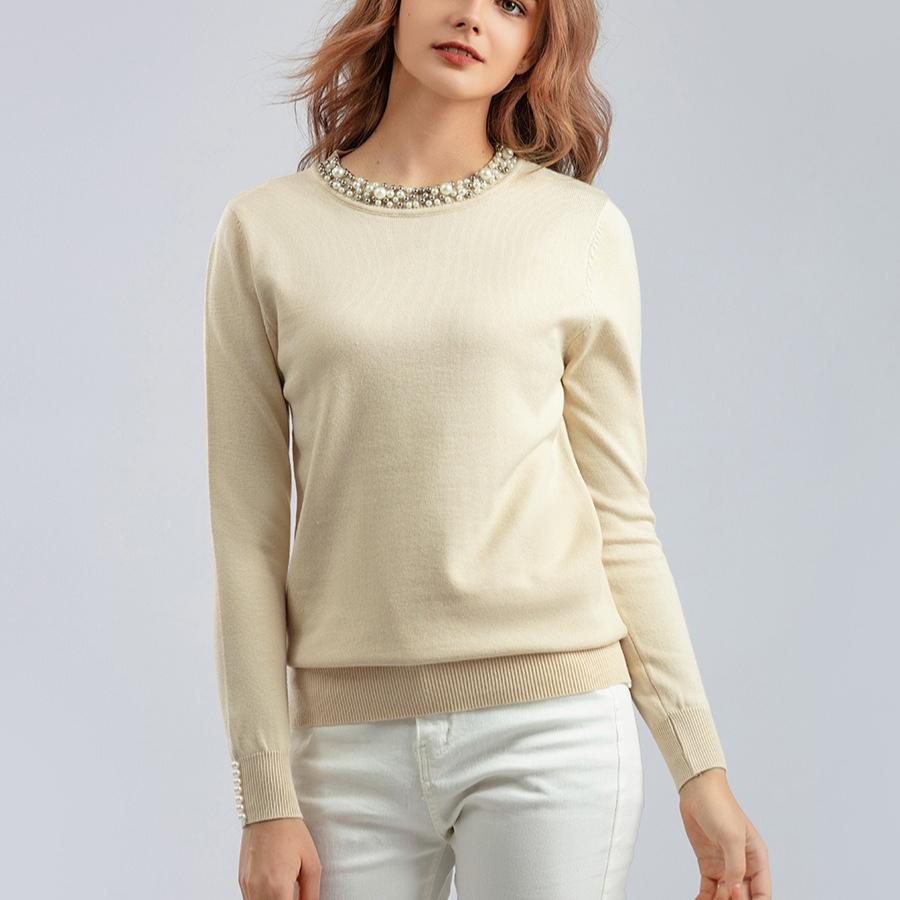 Autumn Winter Women's Crew Neck Beaded Pullover Sweater Long Sleeve Loose Solid Color Stretchy Knit Sweater
