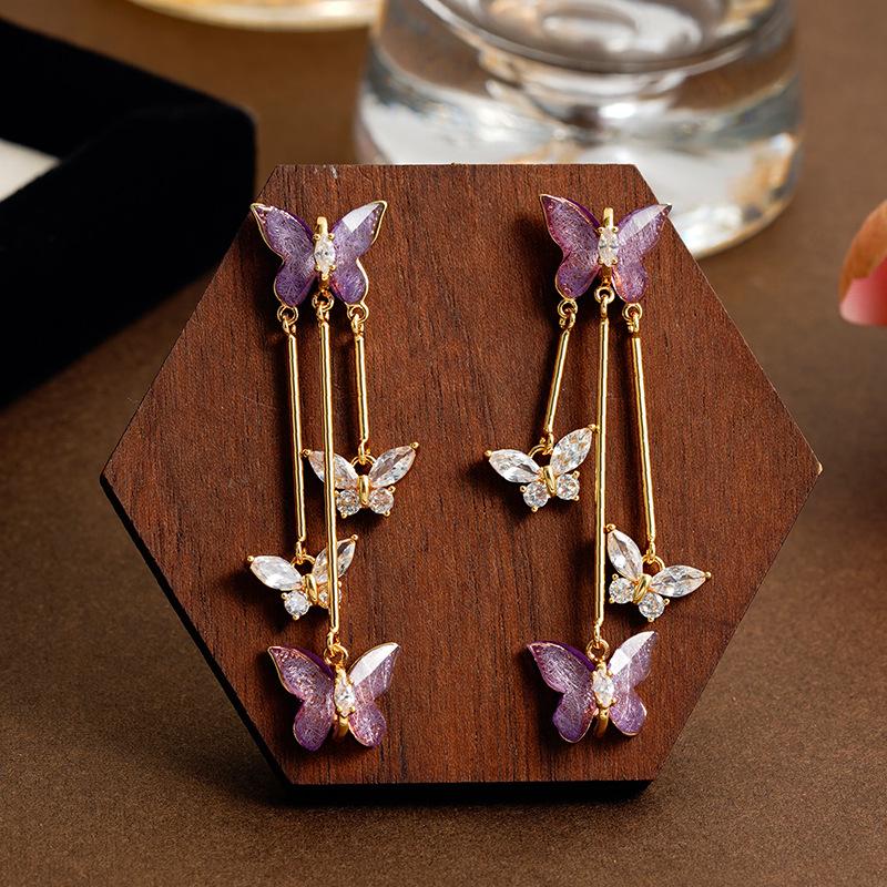 Purple Crystal Butterfly Stud Earrings - Elegant Women's Versatile Design