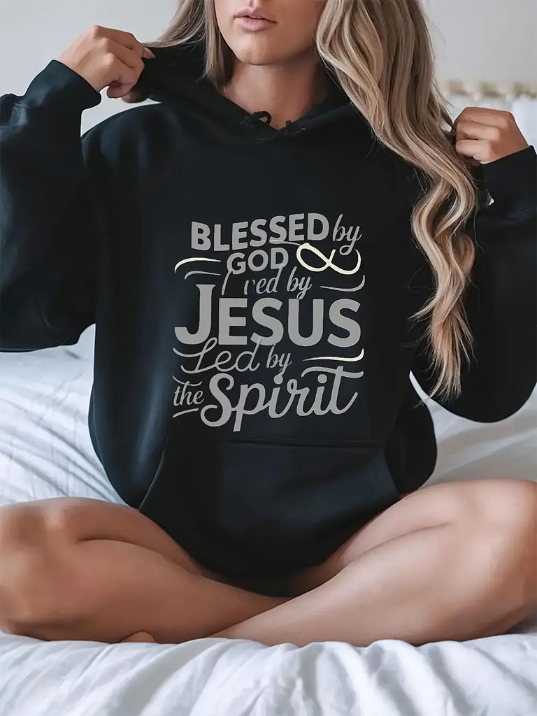 of Large-sized Loose Women's Hooded Sweatshirt, with the Faith-themed Text Print "BLESSED by GOD Loved by JESUS LED by the Spirit