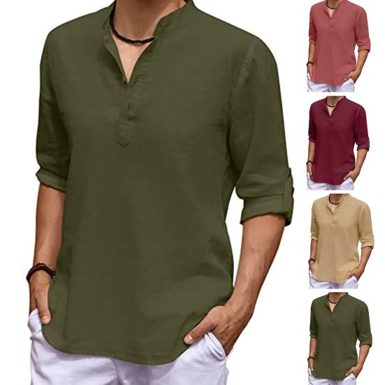 Men Shirt Solid Color Adjustable Sleeve Pullover Stand Collar Long Sleeve Summer Top Daily Garment
