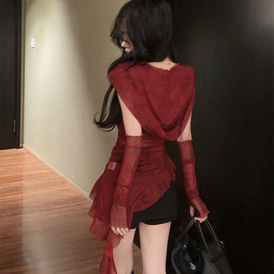 American Sexy Red Cowl Neck Hooded T-Shirt for Women – Ruffle Hem, Irregular Sleeves, Slimming Fit