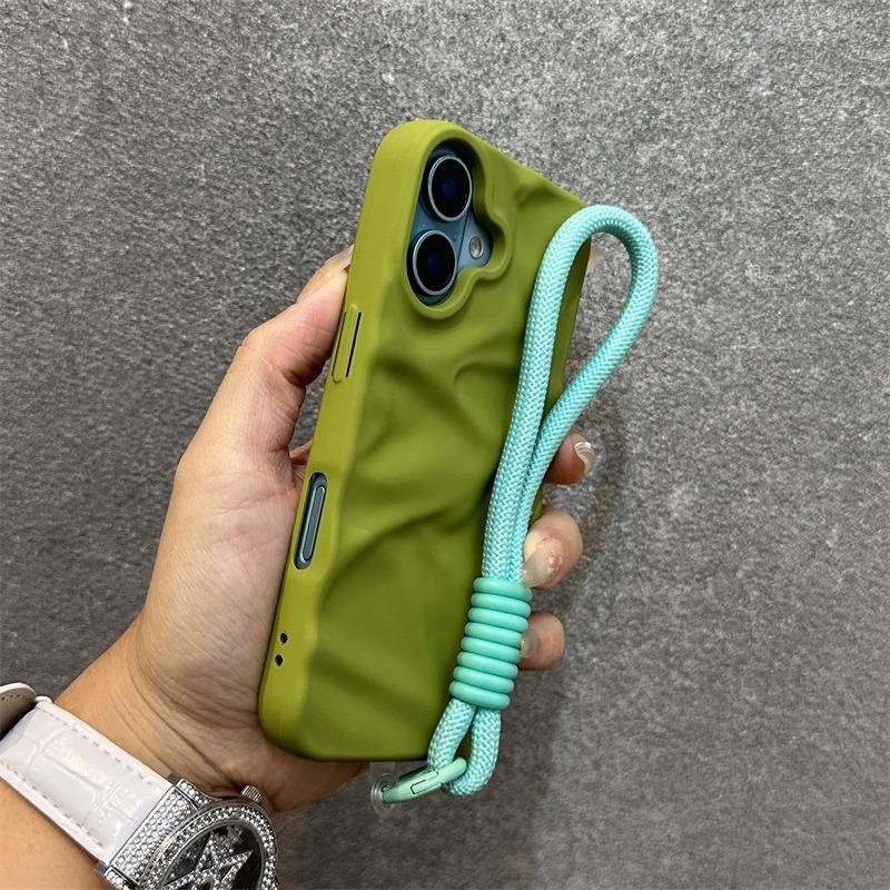 Fashion Solid Colours Pleated Lanyard Cover for iPhone 17 Air 17 16 15 14 13 12 Pro Max Plus Bracelets Slim Silicone Soft Case