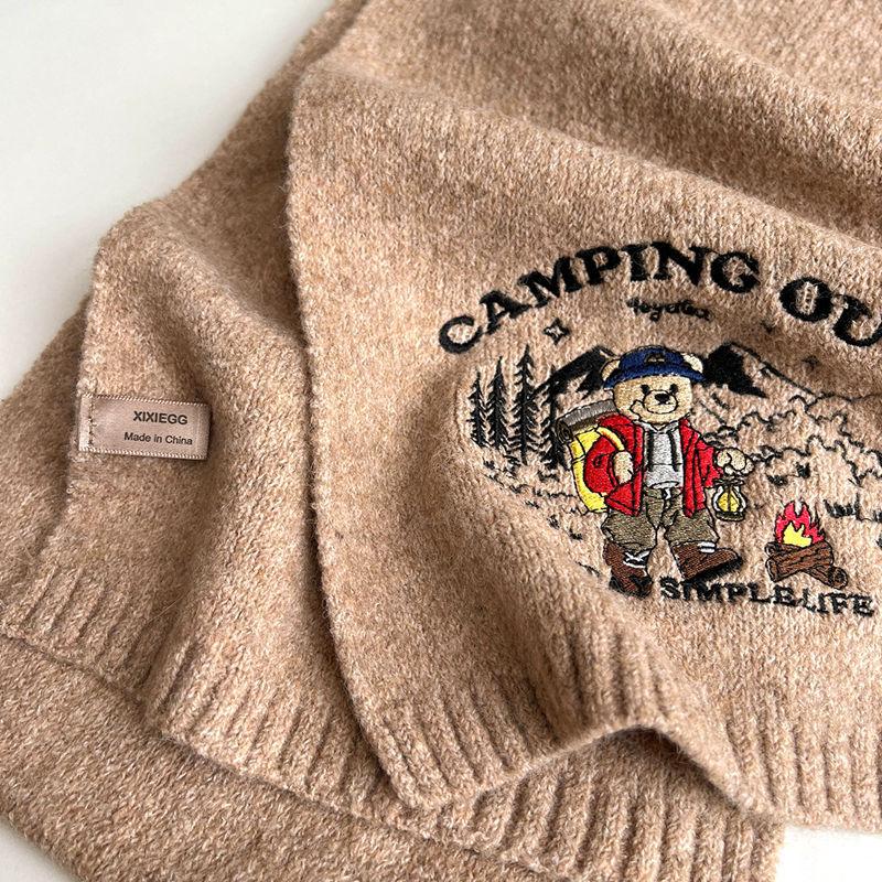 New autumn and winter embroidery bear men and women versatile solid color students cute winter warm knitted scarf