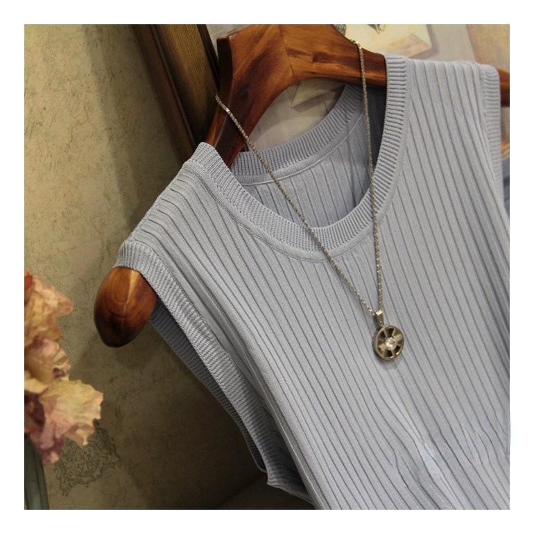 Letní široká ramínka s kulatým výstřihem Módní tenká část Ledová hedvábná pletená vesta bez rukávů Dámské Jednobarevné topy