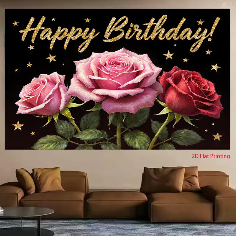 2D Pink Red Rose Happy Birthday Backdrop Black Gold Star Party Background