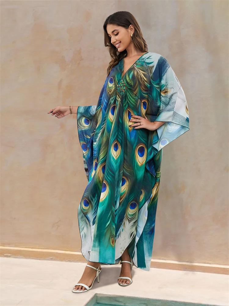 EDOLYNSA 2024 Green Peacock Plume Printed Beach Dress V-neck Side Split Plus Size Kaftan Summer Boho Swimsuit Coverup For Women Cozy House Robe Q1588