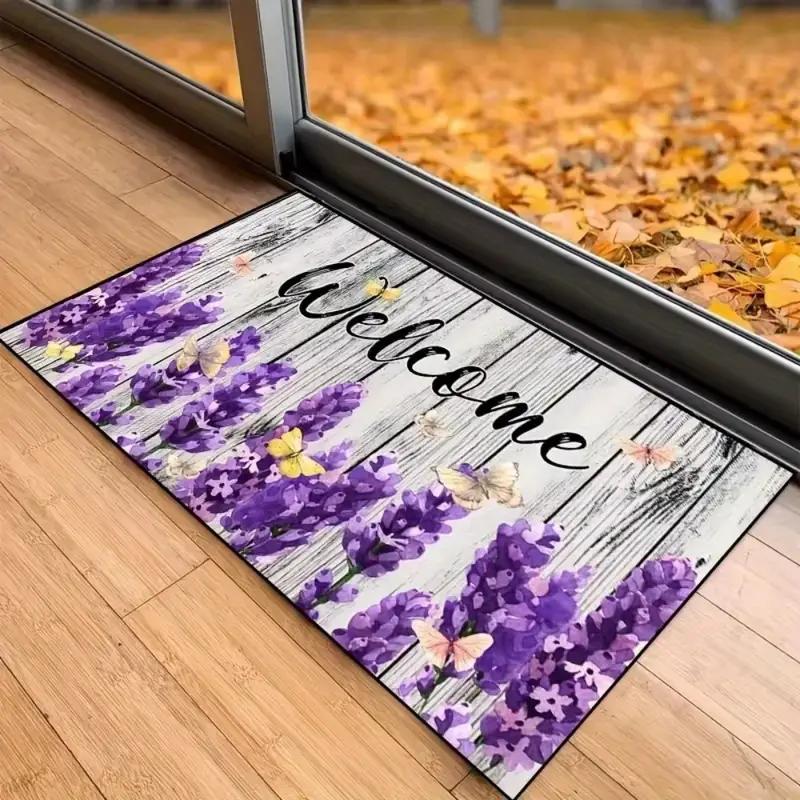 Welcome Floral Print Door Mat Non-Slip Floor Mat Washable Decorative Carpet For Home Kitchen Bathroom Front Door Entrance