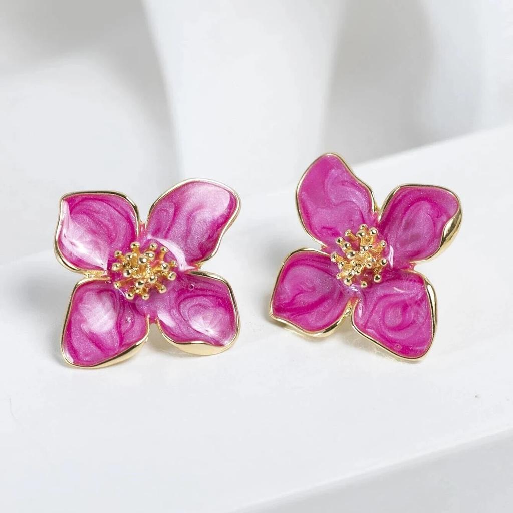 Obega Fuchsia Epoxy Flower Earrings Stud Korean Flowers Women Earring Post Spring Summer New Trendy Girls Cute Jewelrys
