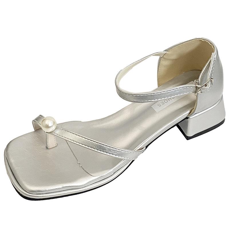 Square head pearl one-word buckle with thick heel sandals women's 2025 summer versatile toe shoes
