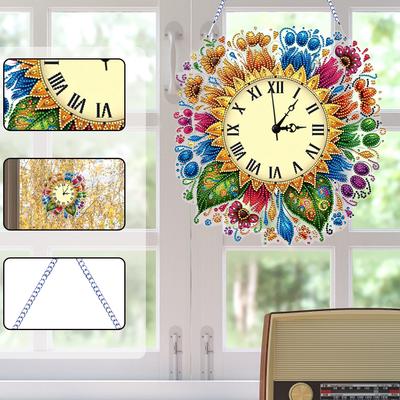 2D Flat DIY Sunflower Acrylic Special Shape 5D Hanging Clock Art Craft Diamond Art Clock Pendant Kit for Living Room Decoration