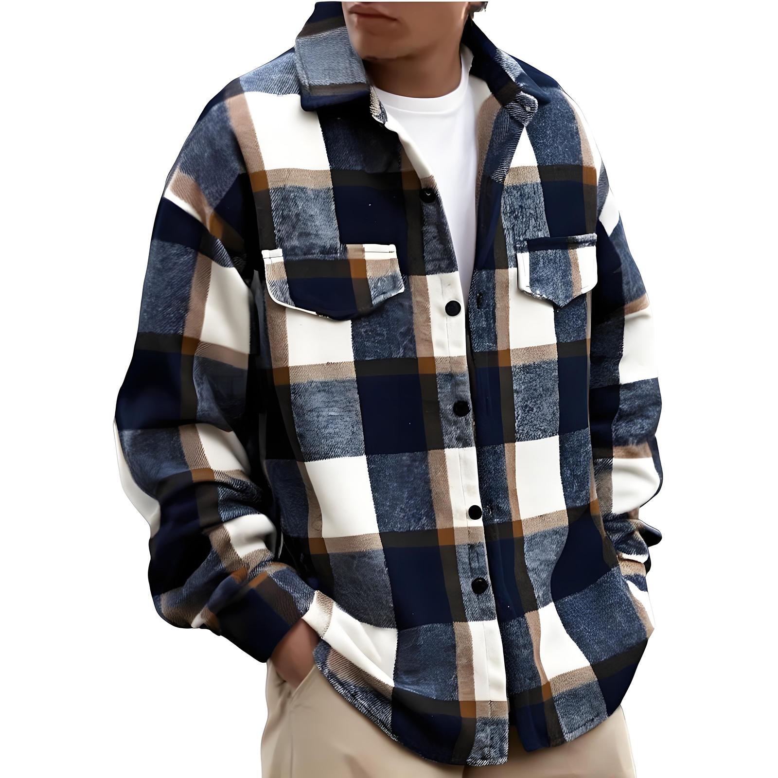 

Чоловічі фланелеві сорочки на ґудзиках, картата сорочка з довгим рукавом, сорочка з коміром, куртка, повсякденна модна сорочка-жакет з M Темно-синій