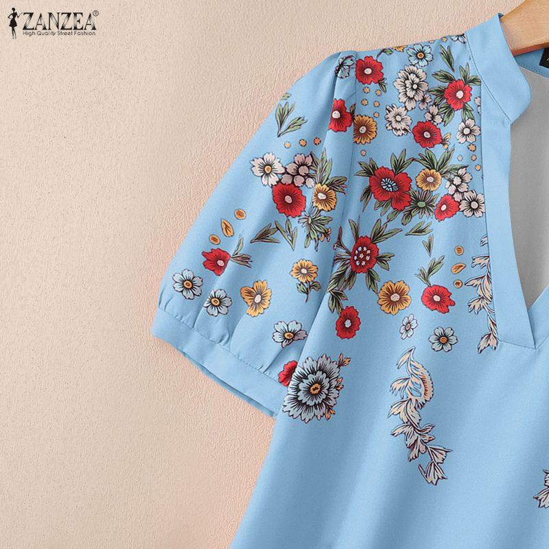 ZANZEA Women Casual V-neck Floral Print Short Sleeve Blouse
