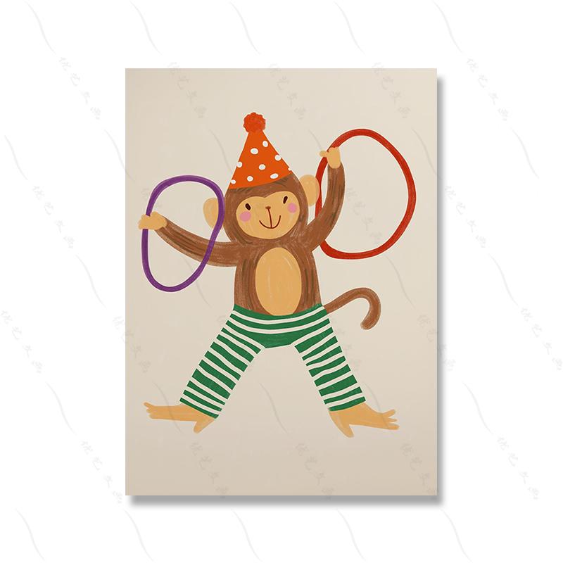 Circus Monkey Wall Art Birthday Party Decor Playful Kids Room Art Nursery Safari Animal Poster Lion Giraffe Dog Prints Pictures